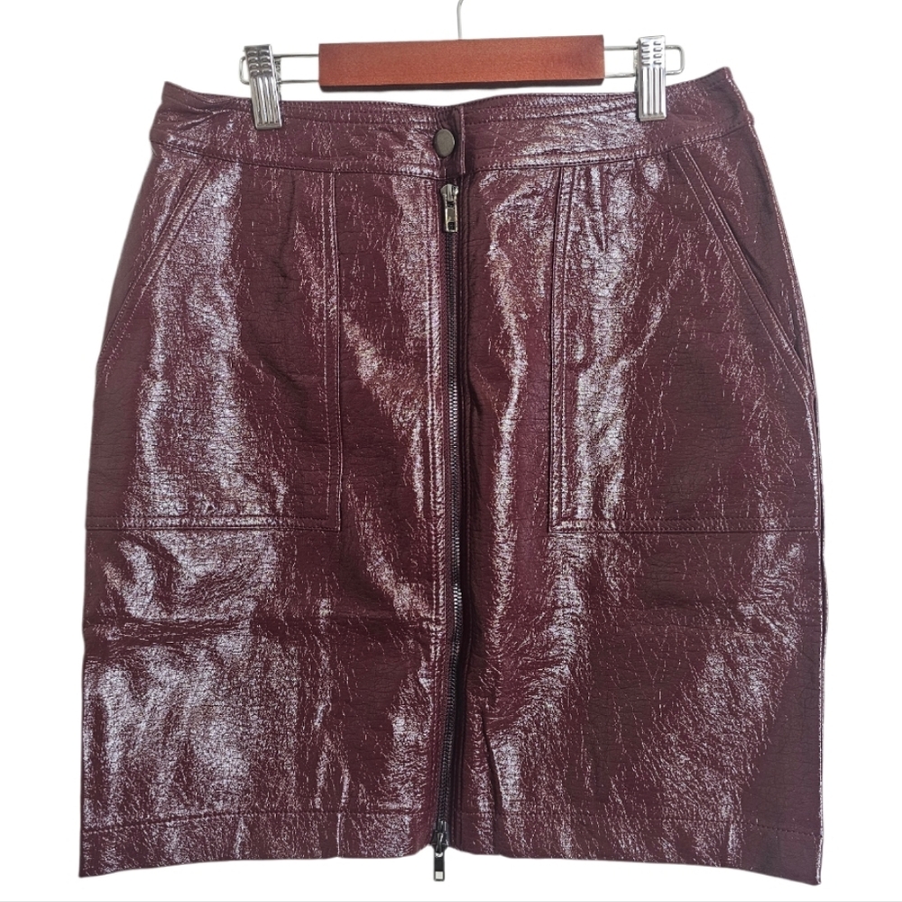 Kori America Boutique Maroon Red Faux Leather Front Zip Skirt